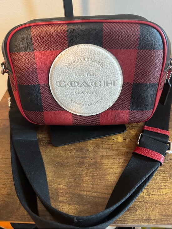 Coach Handbags - Coach Red & Black Buffalo Plaid Camera Bag with White Logo Patch